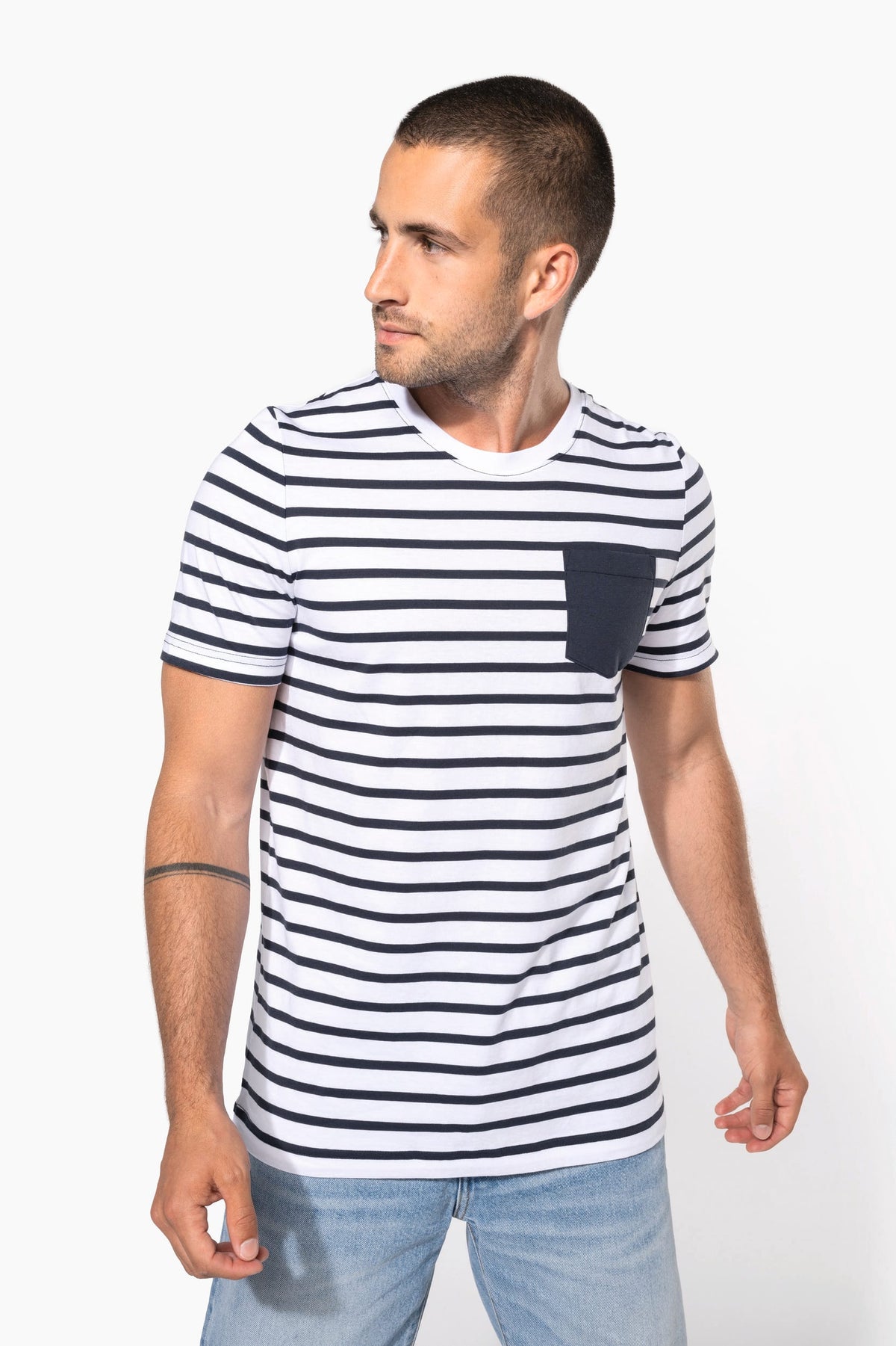 Kariban K378 Gestreept T-shirt met zak en korte mouwen