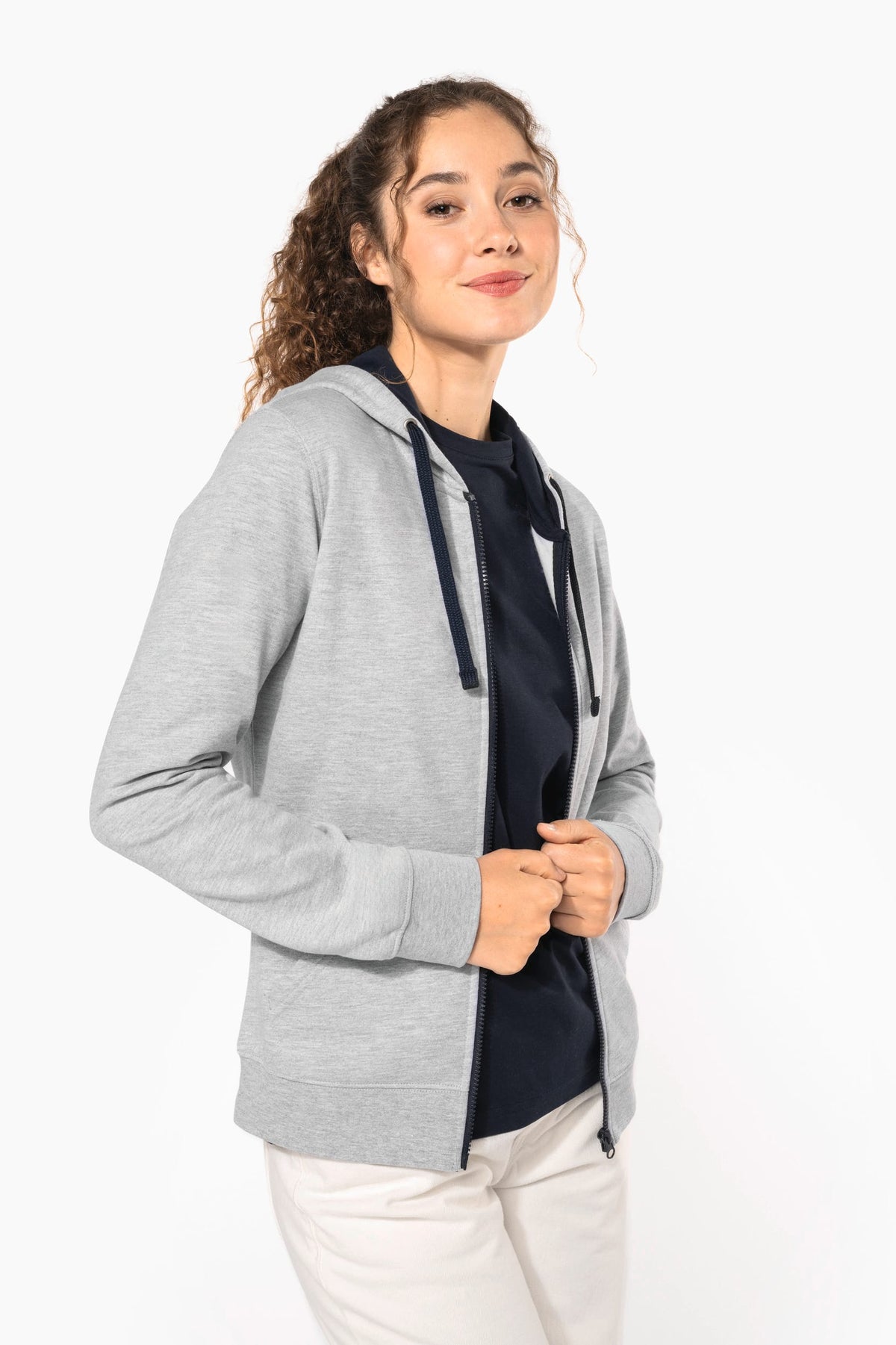Kariban K467 Damessweater met rits en capuchon in contrasterende kleur