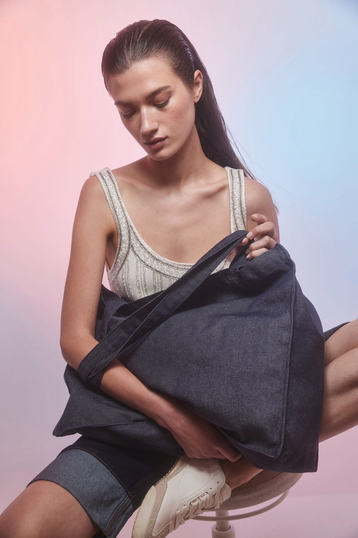Kimood KI5229 Grote shopper van denim