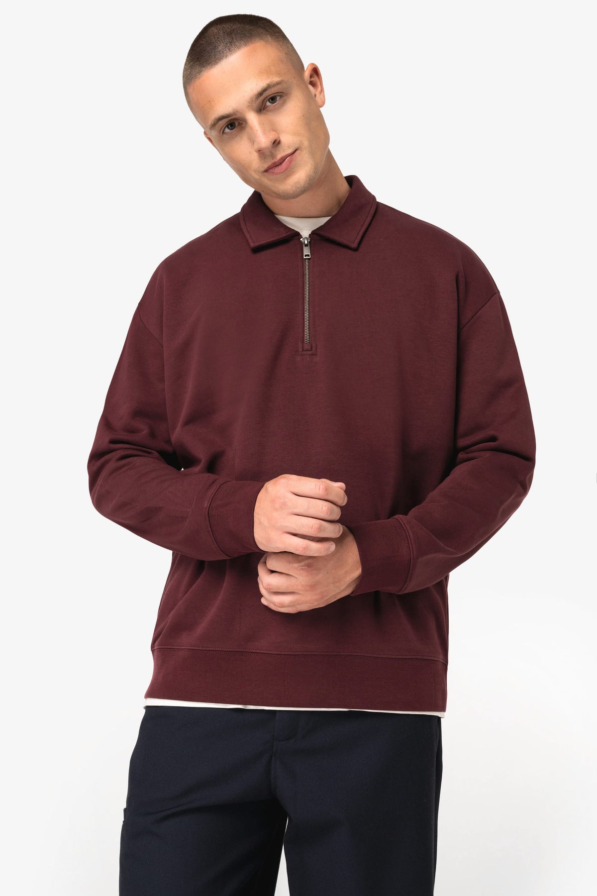 Native Spirit NS432 Ecologische unisex sweater met kwartrits, polokraag en afhangende schouders