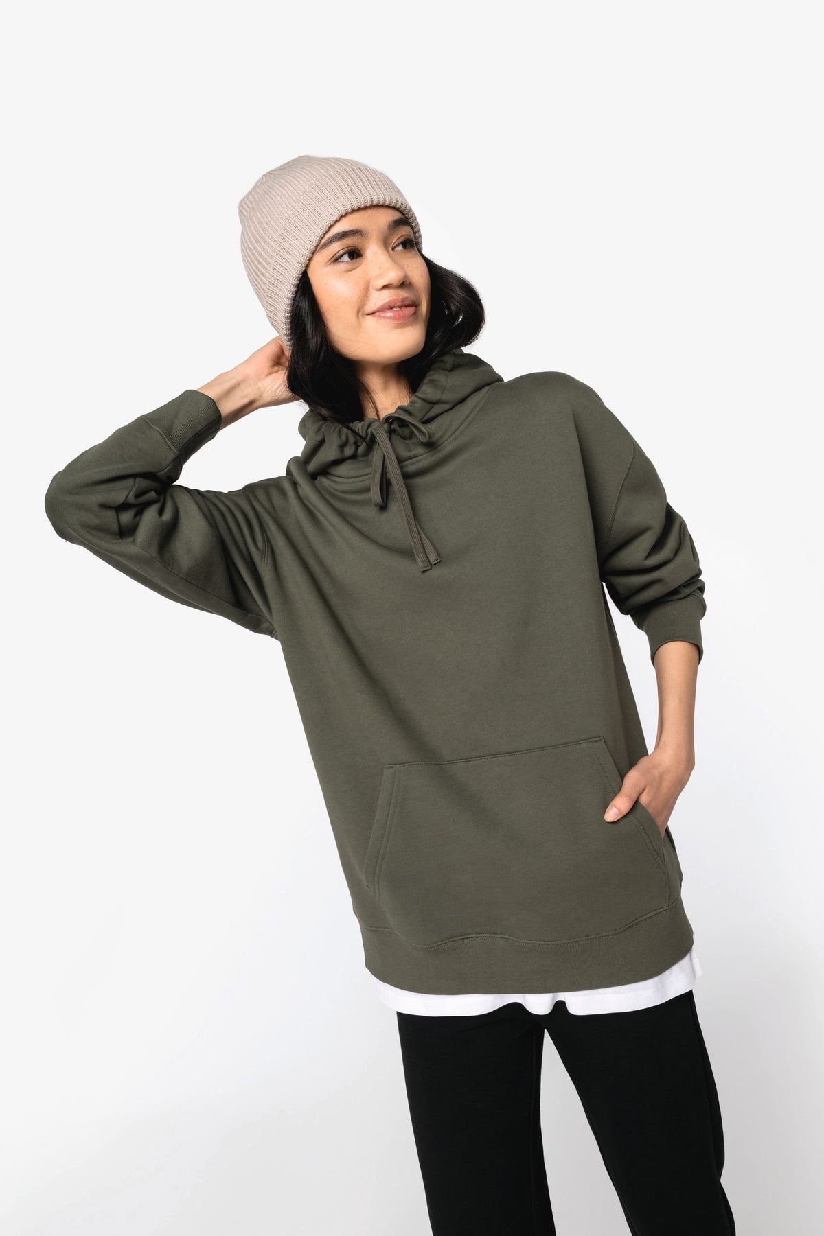 Native Spirit NS436 Ecologische unisex sweater met capuchon en verlaagde schouders in geborsteld fleece