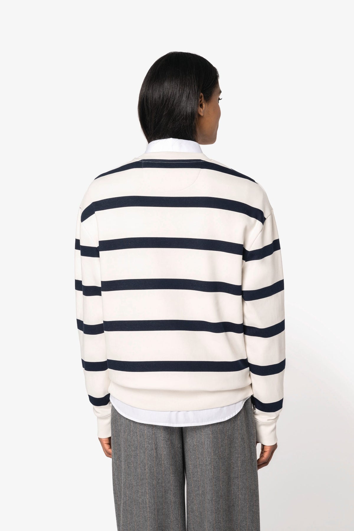 Native Spirit NS450 Ecologische gestreepte unisex sweater met ronde hals en afhangende schouders