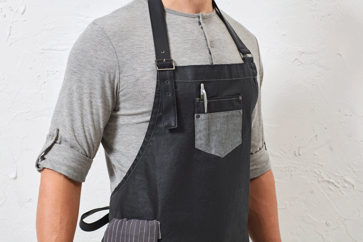Premier PR136 Division - Waxed look denim bib apron with faux leather