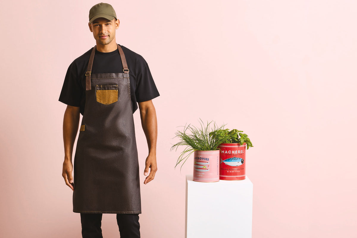 Premier PR136 Division - Waxed look denim bib apron with faux leather